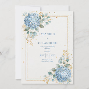 Invitación Hortensia Azul Eucalipto Hoja de Oro Elegante