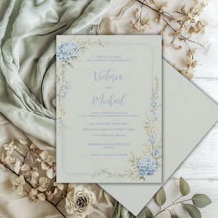 Invitación Hortensia Azul Floral Salvia Verde Elegante Boda