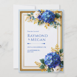 Invitación Hortensia Azul Irisada con Marco de Oro para Boda