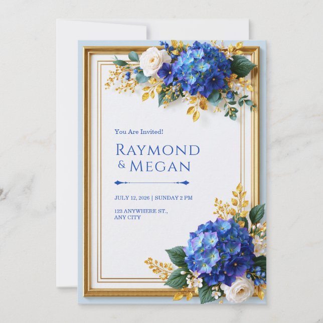 Invitación Hortensia Azul Irisada con Marco de Oro para Boda (Anverso)