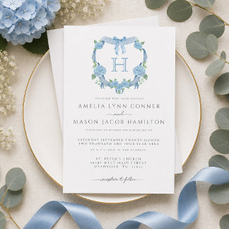 Invitación Hortensia Azul Monograma Cresta Floral Boda