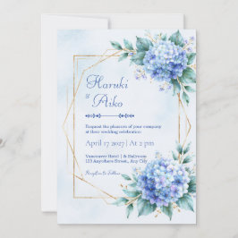 Invitación Hortensia Azul Polvo Boda Dorada