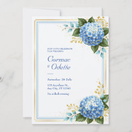 Invitación Hortensia Azul Polvo Romance de Papel de Oro Boda