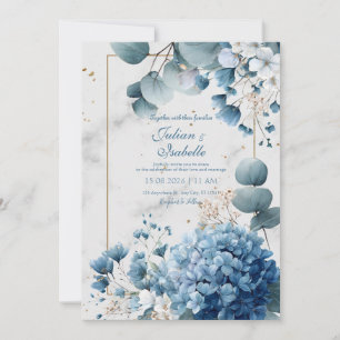 Invitación Hortensia azul polvoriento Eucalipto Mármol dorado