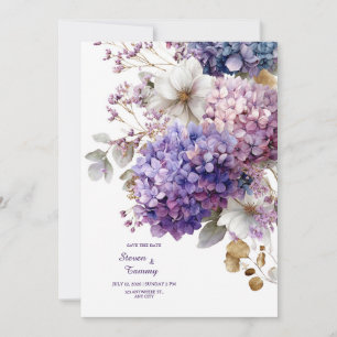 Invitación Hortensia Azul Púrpura Floral Dorada Acuarela