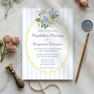 Invitación Hortensia Azul Rosas Amarillas Raya Floral Boda