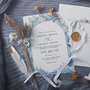 Invitación Hortensia Azul Rosas Blancas Floral Boda Elegante