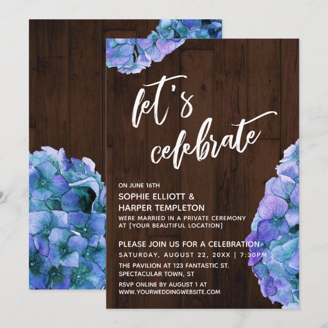 Invitación Hortensia de Madera Rústica Recepción para Celebra (Anverso / Reverso)