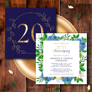 Invitación Hortensia Dorada y Azul Aniversario de Bodas númer