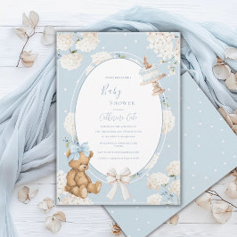 Invitación Hortensia Floral Azul Oso Elegante Shower de Bebé