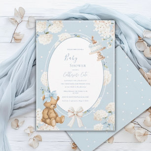 Invitación Hortensia Floral Azul Oso Elegante Shower de Bebé