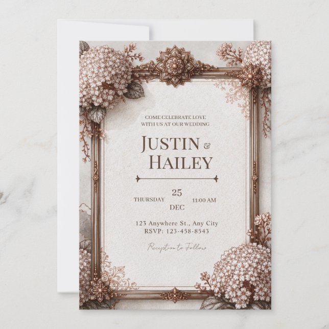 Invitación Hortensia Sepia Bronce Boda (Anverso)