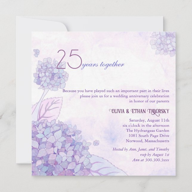 Invitación Hortensias 25º Aniversario de Bodas de Plata (Anverso)