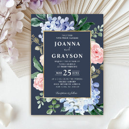 Invitación Hortensias azul polvoriento rosas pastel rosado bo