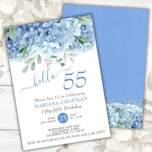 Invitación Hortensias Azules Acuarela Floral Cumpleaños 55