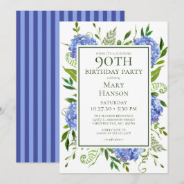 Invitación Hortensias Azules Acuarela Floral Cumpleaños 90