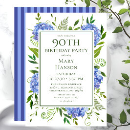 Invitación Hortensias Azules Acuarela Floral Cumpleaños 90