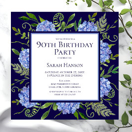 Invitación Hortensias Azules Acuarela Floral Cumpleaños 90
