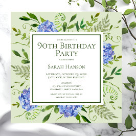 Invitación Hortensias Azules Acuarela Floral Cumpleaños 90