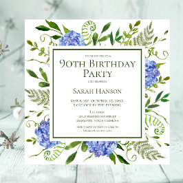 Invitación Hortensias Azules Acuarela Floral Cumpleaños 90