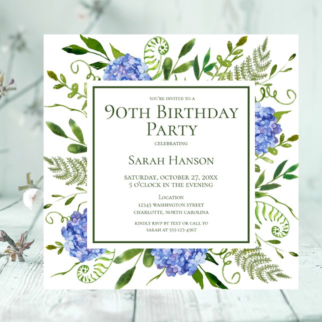 Invitación Hortensias Azules Acuarela Floral Cumpleaños 90 (Subido por el creador)