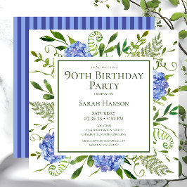 Invitación Hortensias Azules Acuarela Floral Cumpleaños 90