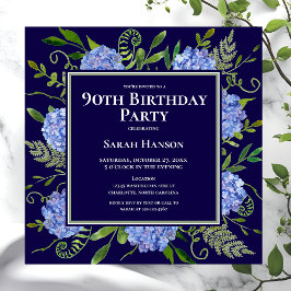 Invitación Hortensias Azules Acuarela Floral Cumpleaños 90