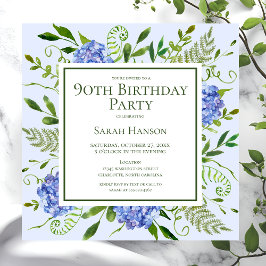 Invitación Hortensias Azules Acuarela Floral Cumpleaños 90