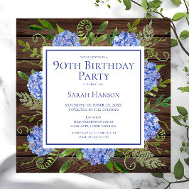 Invitación Hortensias Azules Acuarela Floral Cumpleaños 90