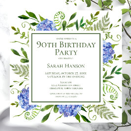 Invitación Hortensias Azules Acuarela Floral Cumpleaños 90