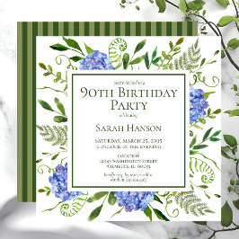 Invitación Hortensias Azules Acuarela Floral Cumpleaños 90