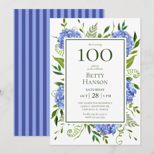 Invitación Hortensias Azules Cumpleaños 100 (Anverso / Reverso)