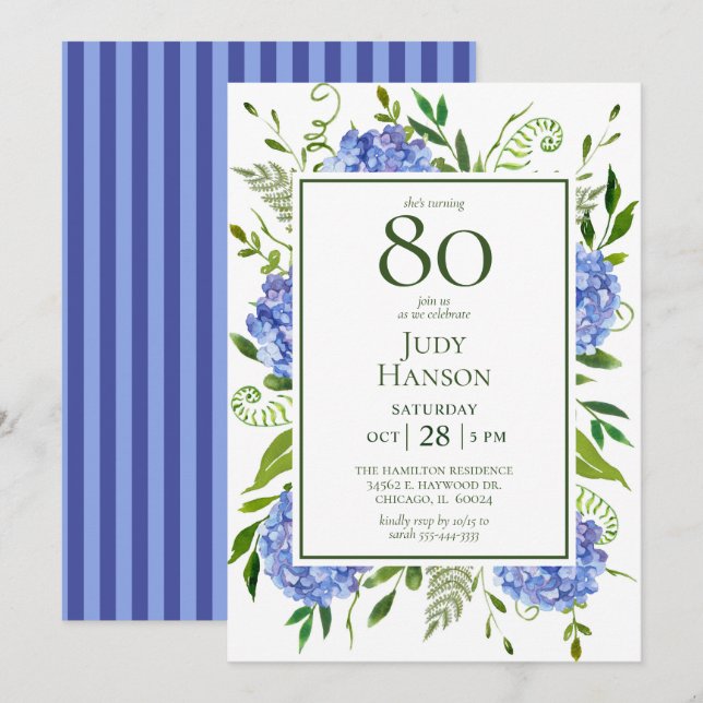Invitación Hortensias Azules Cumpleaños 80 (Anverso / Reverso)