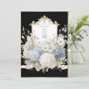 Invitación Hortensias Azules Elegantes Boda Vintage Negra