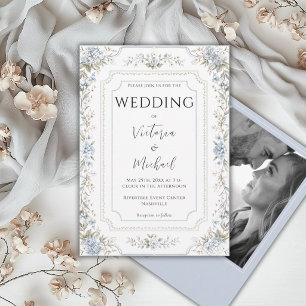 Invitación Hortensias Azules Elegantes Foto Boda Moderna
