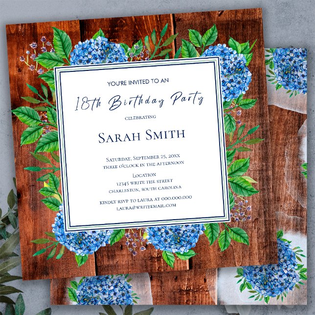 Invitación Hortensias Azules Fiesta de Cumpleaños 18 Rustica  (Subido por el creador)