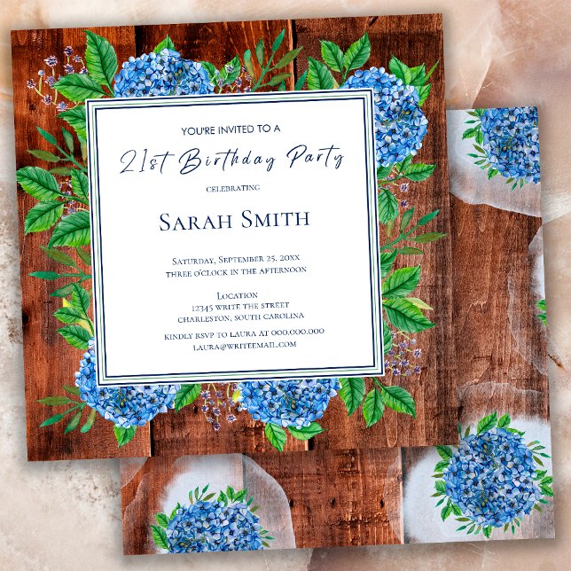 Invitación Hortensias Azules Fiesta de Cumpleaños 21 Rustica  (Subido por el creador)
