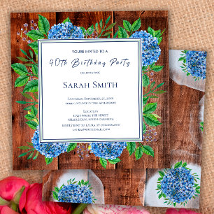 Invitación Hortensias Azules Fiesta de Cumpleaños 40 Rustica