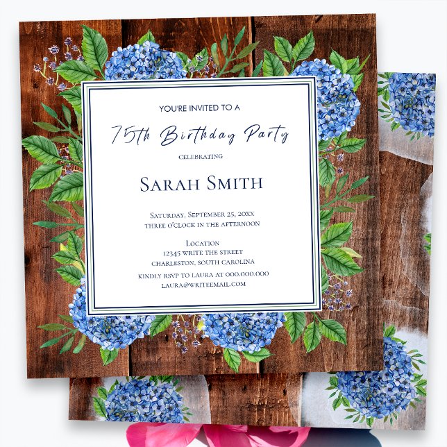 Invitación Hortensias Azules Fiesta de Cumpleaños 75 Rustica  (Subido por el creador)