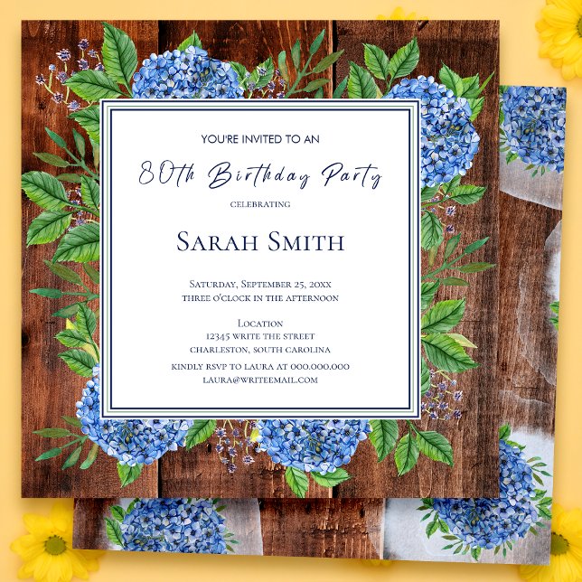 Invitación Hortensias Azules Fiesta de Cumpleaños 80 Rustica  (Subido por el creador)