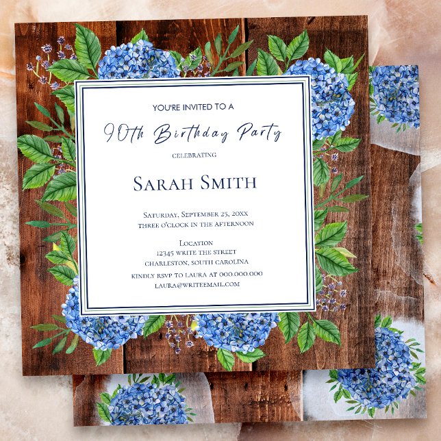 Invitación Hortensias Azules Fiesta de Cumpleaños 90 Rustica  (Subido por el creador)