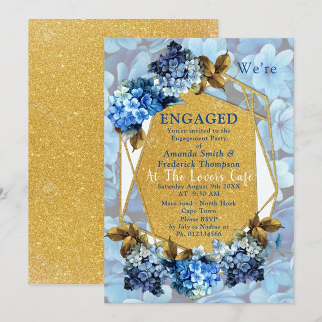 Invitación Hortensias Azules Flores Acuarela Compromiso (Anverso / Reverso)