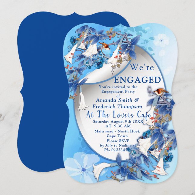 Invitación Hortensias Azules Flores Acuarela Compromiso (Anverso / Reverso)