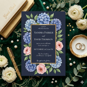 Invitación Hortensias azules polvorientas rosas pastel rosa b