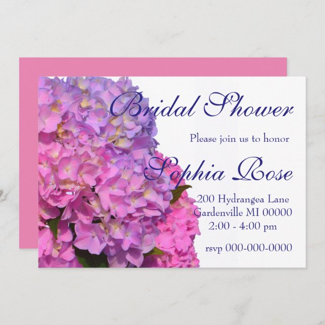 Invitación Hortensias azules rosadas flores elegantes rosa pú (Anverso / Reverso)