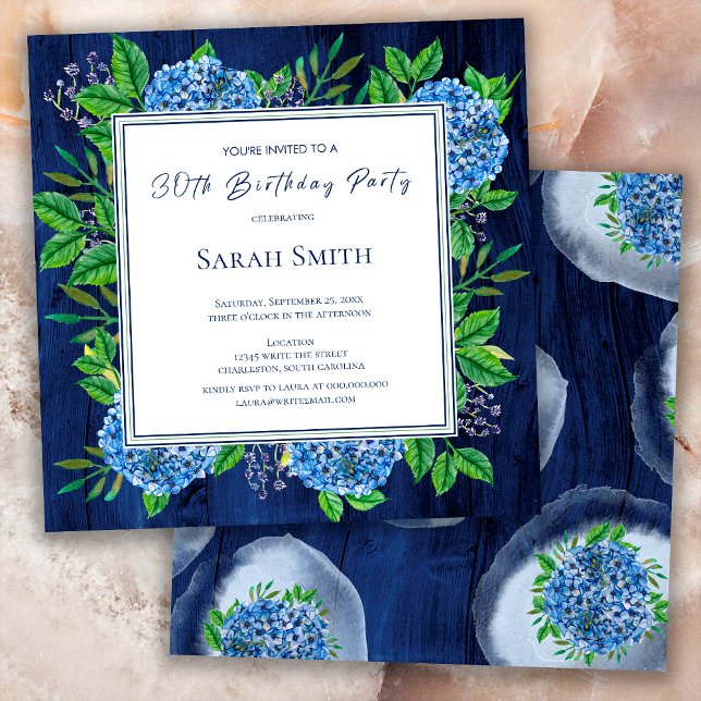 Invitación Hortensias Azules Rústicas de Madera Cumpleaños 30 (Subido por el creador)
