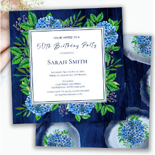 Invitación Hortensias Azules Rústicas de Madera Fiesta de Cum