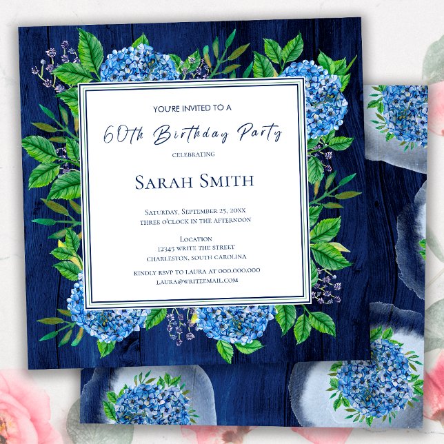 Invitación Hortensias Azules Rústicas de Madera Fiesta de Cum (Subido por el creador)