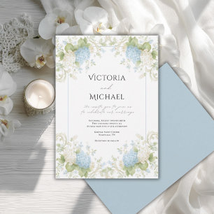 Invitación Hortensias Azules y Blancas Elegantes Boda Vintage