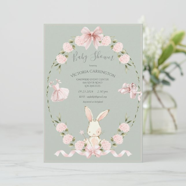 Invitación Hortensias Bunny Rosa Sage Bailarina Bebé (Anverso de pie)